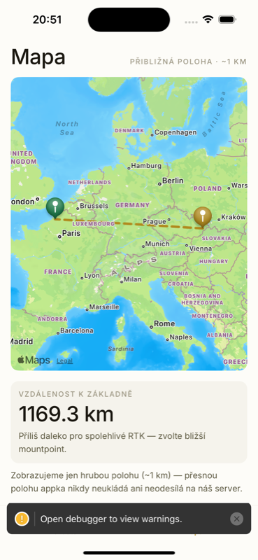 Mapa — referenční stanice, baseline a mountpointy v okolí